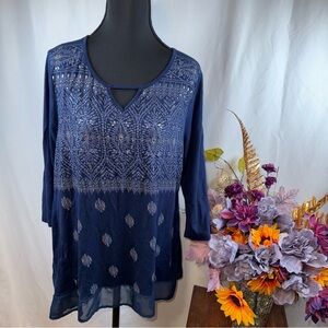 French Blue PXL Boho Embellished Navy Tunic Sheer Hem Long Sleeve